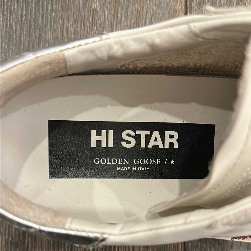 Authentic Golden Goose Hi Star White Sneakers with Glittery Pink Star - Picture 2 of 10
